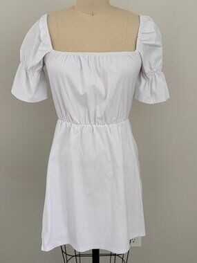 PrettyLittleThing White Puff Sleeve Square Neck Mini Cottage Babydoll Dress Sz 2